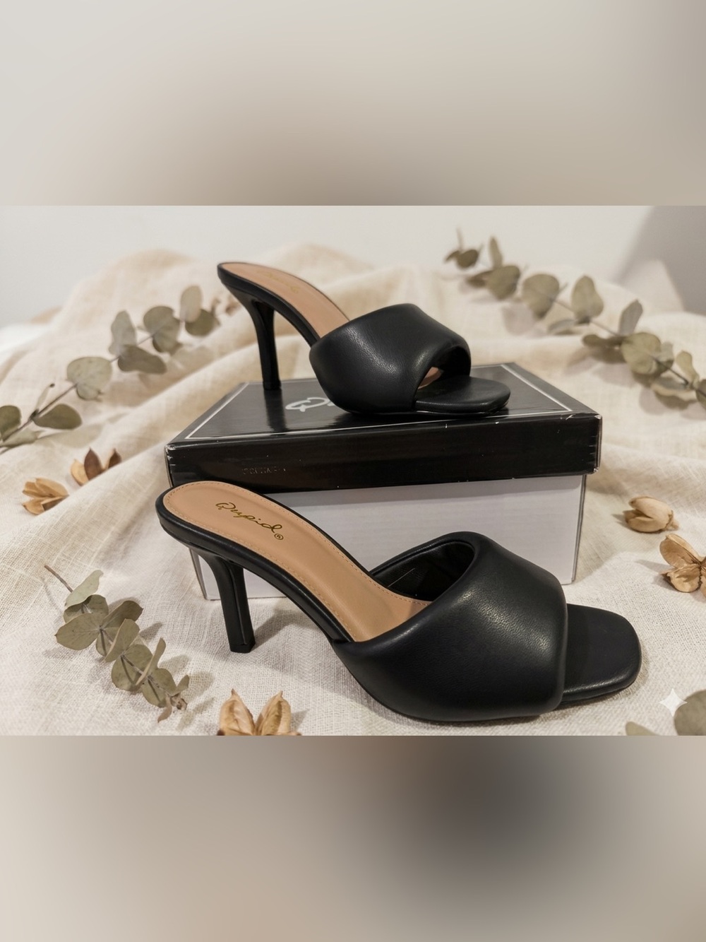 Qupid Black Open-Toe Mid Heel Mule